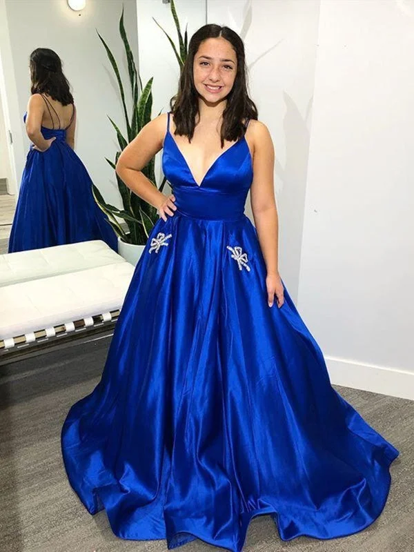 fishtail evening dress-V Neck Royal Blue Satin Long Prom with Pocket, Royal Blue Formal Evening