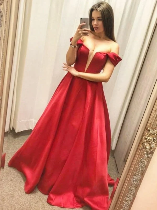 evening gown with pleated skirt-V Neck Satin Off the Shoulder Long Red Prom, Off Shoulder Red Formal, Red Evening