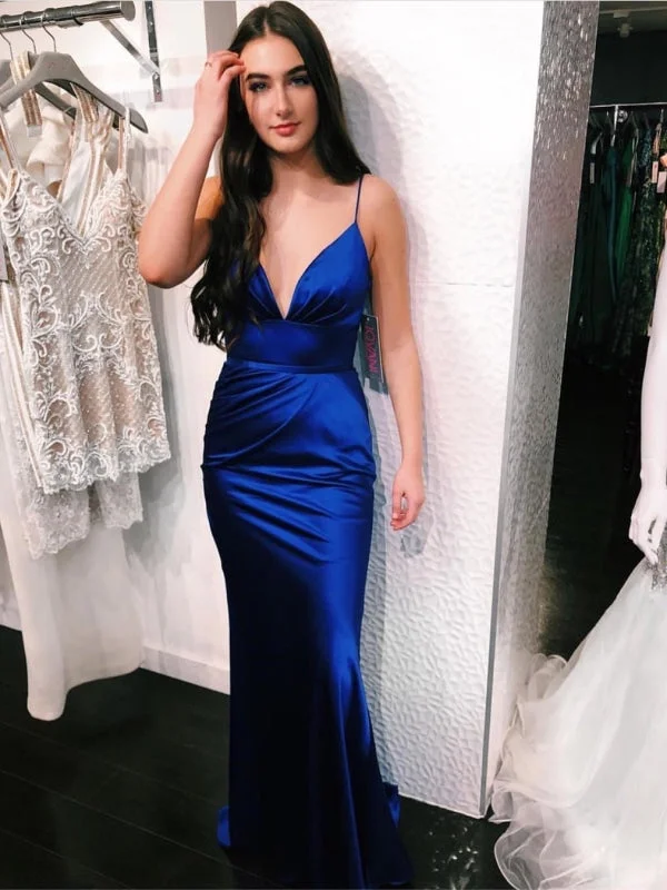 shimmering evening gown-V Neck Spaghetti Straps Mermaid Long Royal Blue Prom, Mermaid Royal Blue Long Formal, Royal Blue Evening