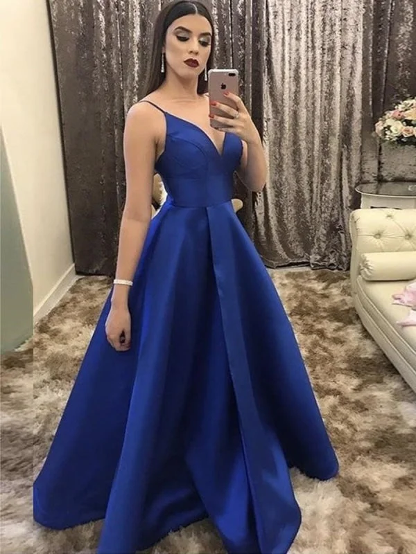 illusion back evening gown-V Neck Spaghetti Straps Royal Blue Long Prom, V Neck Royal Blue Formal, Royal Blue Evening