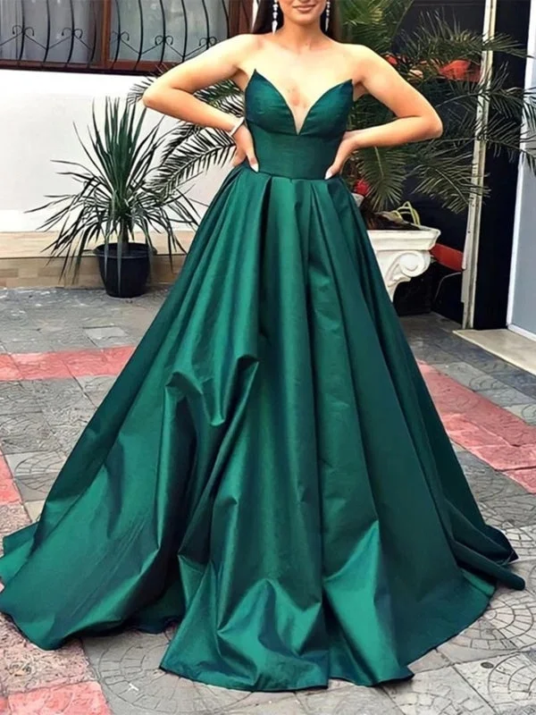 evening dress with plunging neckline-V Neck Strapless Green Satin Long Prom Dresses, V Neck Green Formal Graduation Evening Dresses