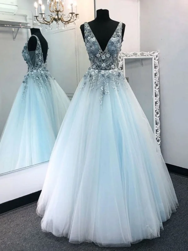 evening dress with side slit-V Neck Tulle Floral Lace Appliques Long Sky Blue Prom Dresses, V Neck Sky Blue Formal Dresses, Blue Evening Dresses, Ball