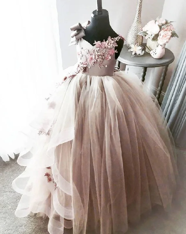 elegant evening attire-V Neck Tulle Flower Girl Dresses Birthday Dresses Pageant Gown