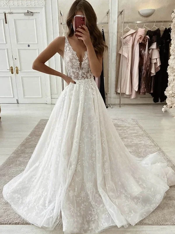 evening dress with side slit-V Neck White Lace Long Wedding, Long White Lace Prom, White Formal Evening