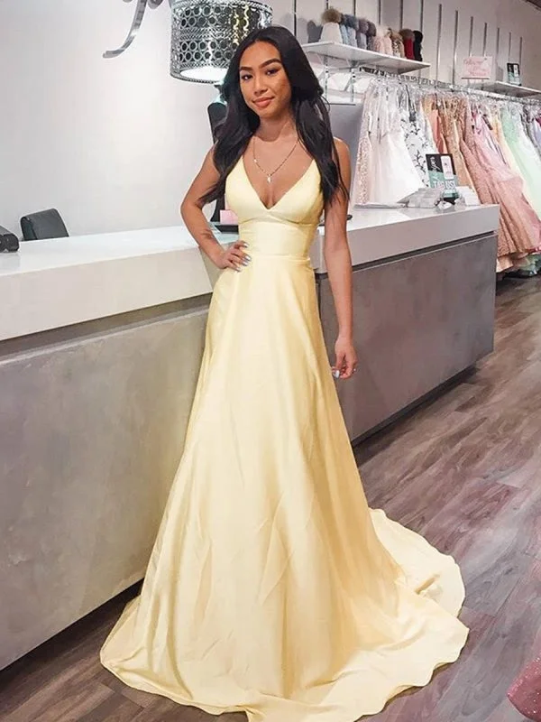 sheer back evening dress-V Neck Yellow Satin Long Prom, Long Yellow Formal Graduation Evening