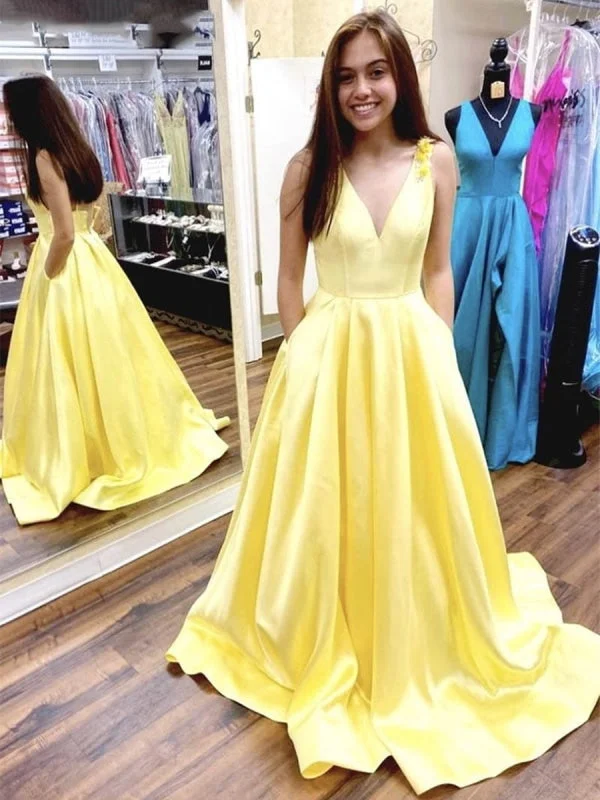 modest evening dress-V Neck Yellow Satin Long Prom with Flower Straps, Yellow Formal Graduation Evening