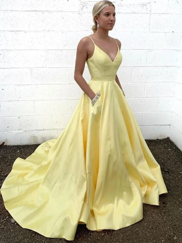 halter neck evening dress-V Neck Yellow Satin Long Prom with Pockets, Thin Strap Yellow Formal, Yellow Evening