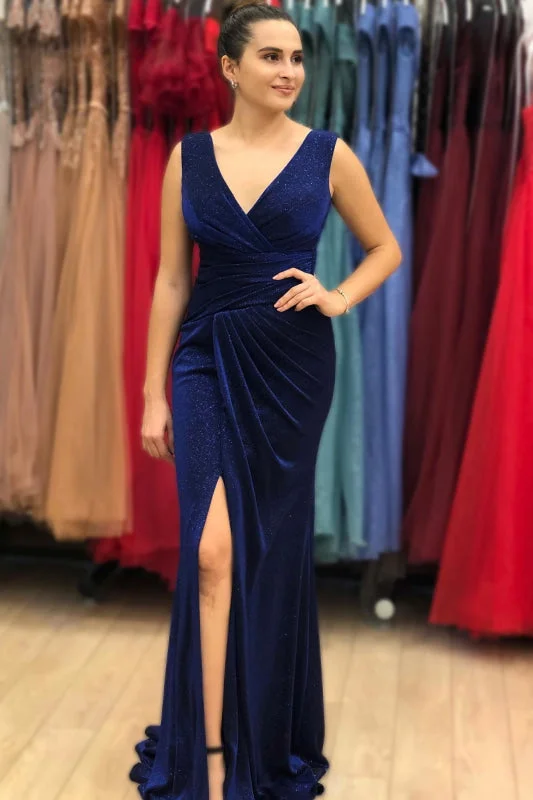 scalloped hem evening gown-Vintage Blue V-Neck Long Mermaid Prom Dress with Split