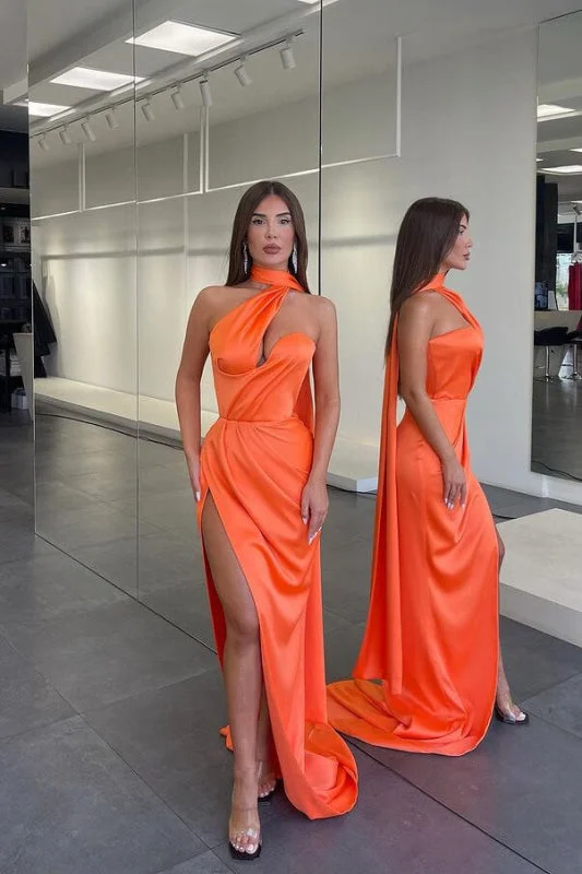 sophisticated evening dress-Vintage Orange Halter Satin Long Mermaid Prom Dress with Split