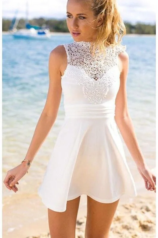 jewel neckline evening dress-White Lace Top Homecoming Mini Short High Neck Sleeveless Prom Dress