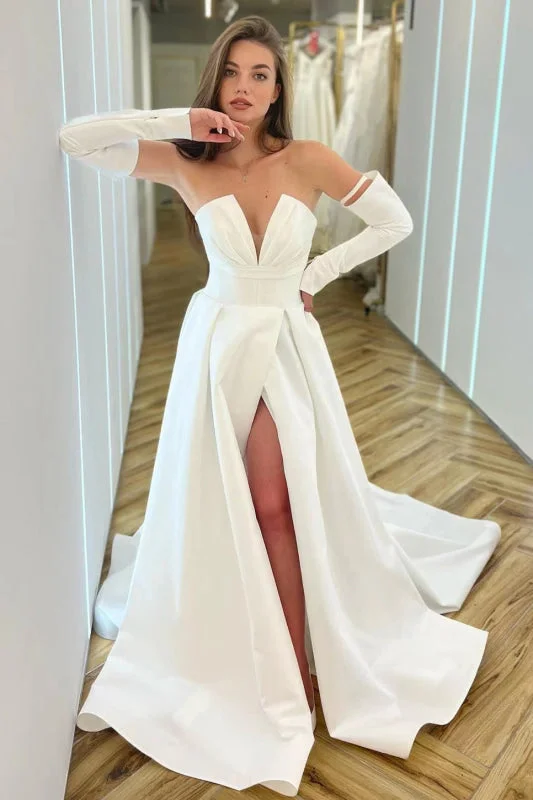 long sleeve evening gown-White Long Sleeve V-Neck A-Line Prom Dress with Split