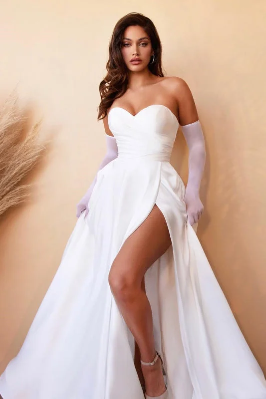 elegant evening dress with sleeves-White Strapless Sweetheart A-Line Prom Dress with Split