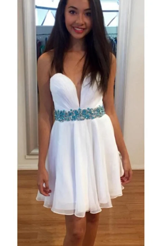 evening gown with pleated skirt-White Sweetheart Cheap Chiffon Short A Line Homecoming Dress with Beading Belt