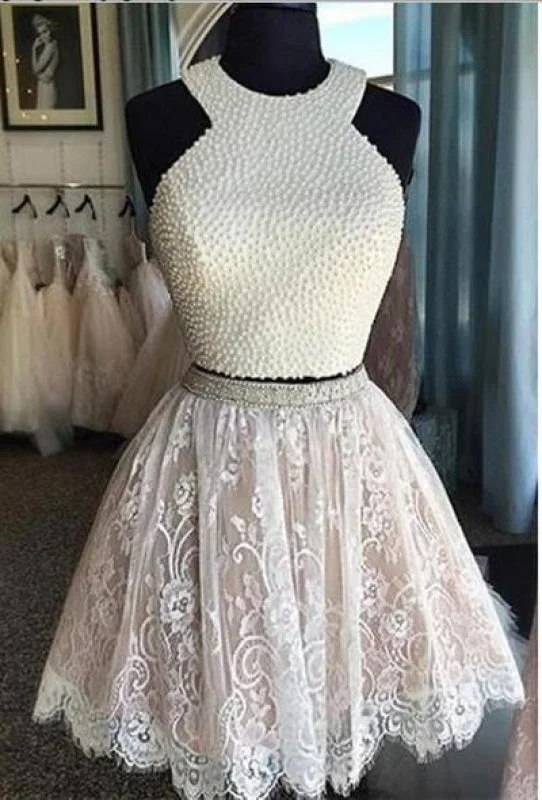 formal evening gown-Wonderful Eye-catching Two Piece White Lace Homecoming with Pearls Mini Dresses Short Prom Dress