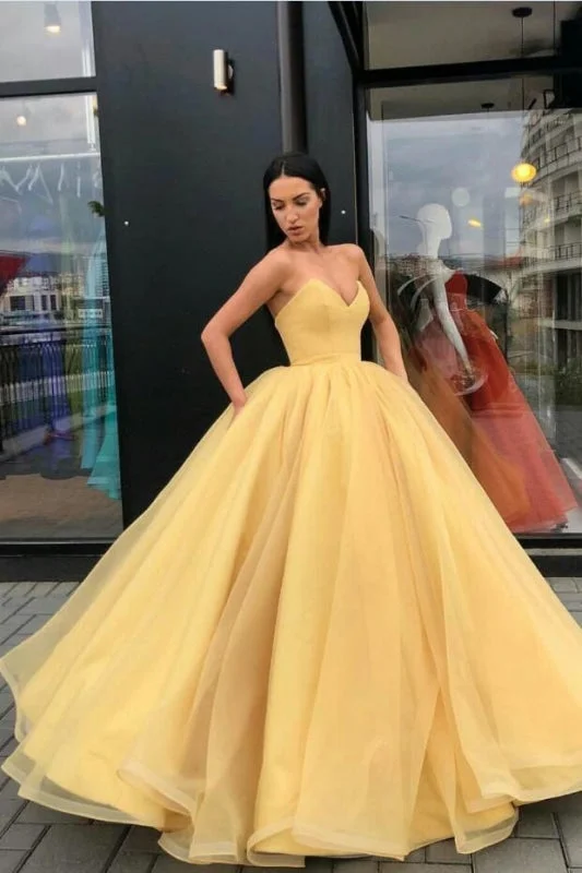 navy blue evening gown-Yellow Ball Gown Sweetheart Prom Dress Princess Floor Length Tulle Quinceanera Dresses