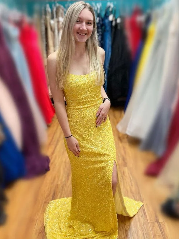 jewel neckline evening dress-Yellow Sequins Mermaid Backless Long Prom Dresses with High Slit, Mermaid Yellow Sequins Formal Graduation Evening Dresses