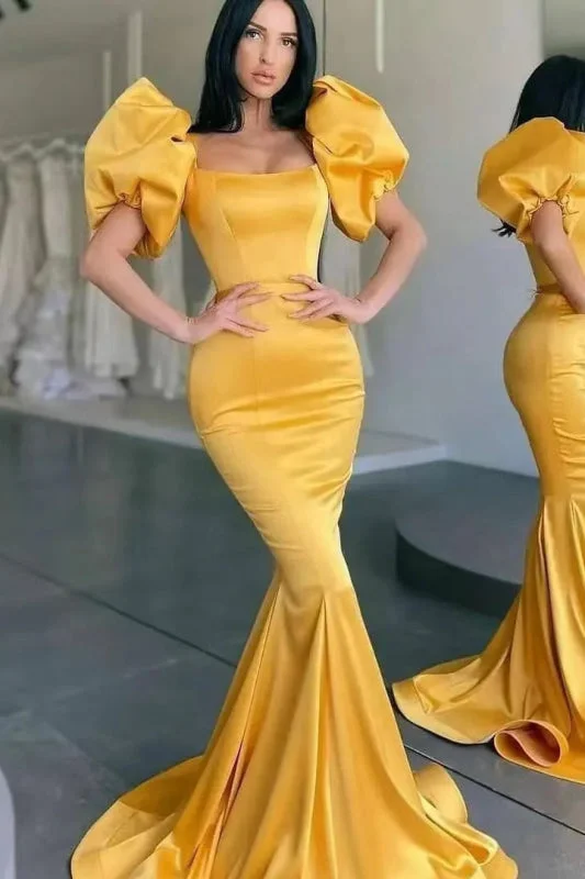 layered evening dress-Yellow Square-Neck Bubble Sleeve Mermaid Long Prom Dress