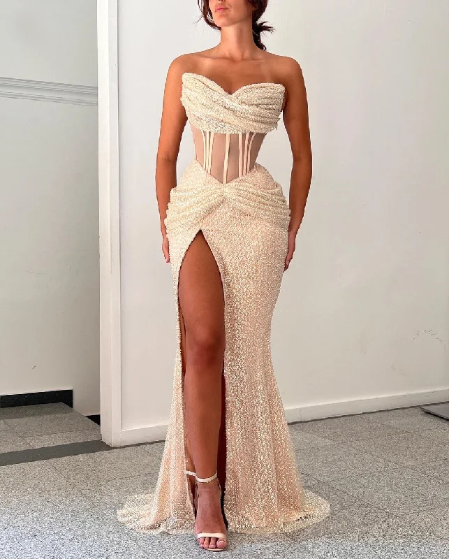 evening dress for prom-Attractive Strapless Beaded Embroidery Champagne Prom Dress Evening Dress QP2283