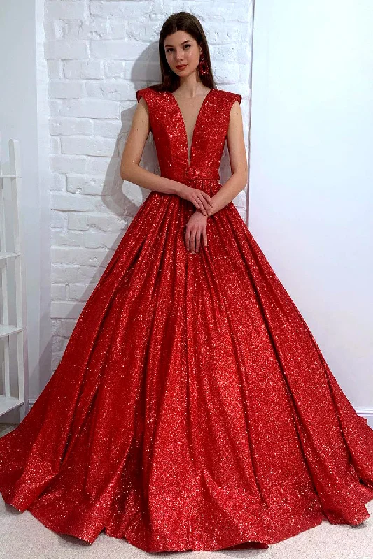 beaded evening dress-Attractive V-neck Red Sparkly Prom Ball Gown QP0861