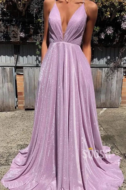 evening dress with mesh overlay-A-Line Deep V Neck Lavender Sparkly Prom Dress with Pockets QP0882