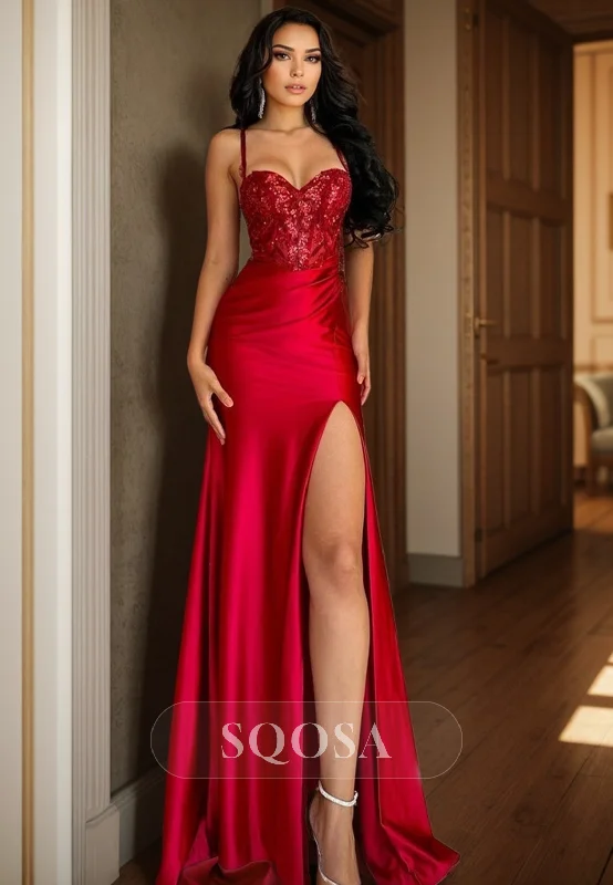 layered evening dress-Spaghetti Straps Sweetheart Lace Appliques Red Mermaid Prom Party Dress with Slit