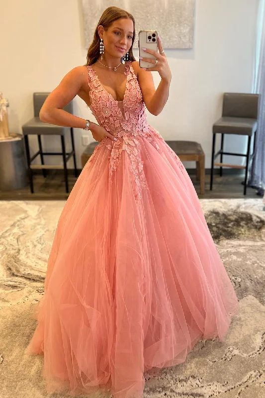 layered evening dress-Attractive V-Neck 3D Appliques Pink Cute Prom Dress Long QP1199