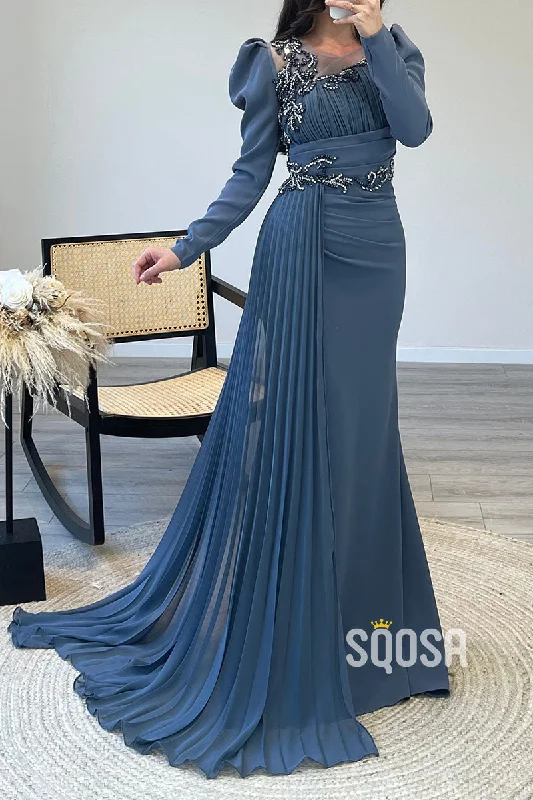 evening gown for special occasions-Unique Beaded Round A-Line Chiffon Dusty Blue Long Prom Dress Evening Gown QP0909