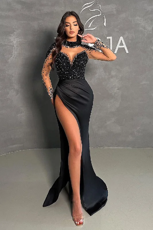 high neck formal evening gown-Illusion Neckline Beads Sexy High Split Black Long Sleeves Formal Evening Dress QP0845