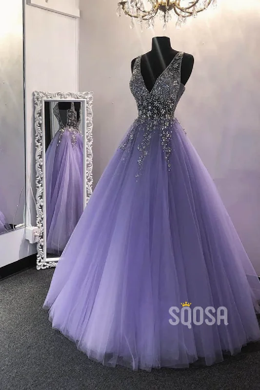 evening gown with high-low hem-A-line Purple Tulle Beaded Long Prom Dress Formal Evening Gowns QP2272