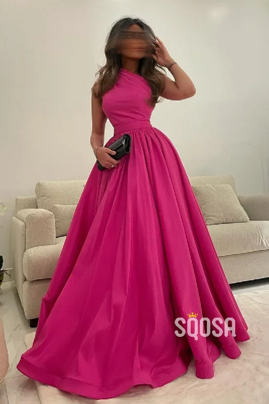 deep V-neck evening gown-Unique One Shoulder Pleats A-Line Long Prom Dress Sweet 16 QP2353