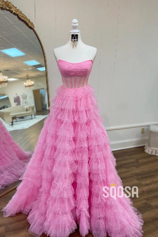 fit and flare evening dress-A-Line Strapless Pink Tulle Sparkle Ball Gown Long Prom Dress Evening Gowns QP1276