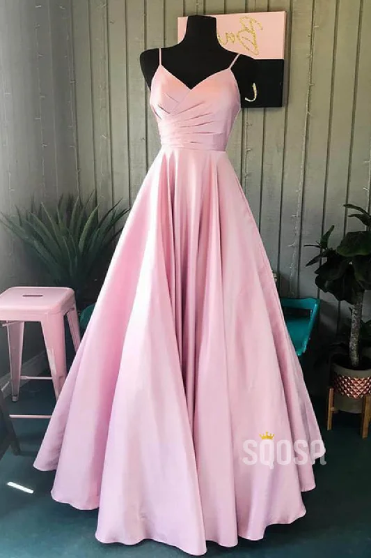 evening dress with ruffles-A-Line Spaghetti Straps V Neck Pink Satin Long Prom Dress QP0841