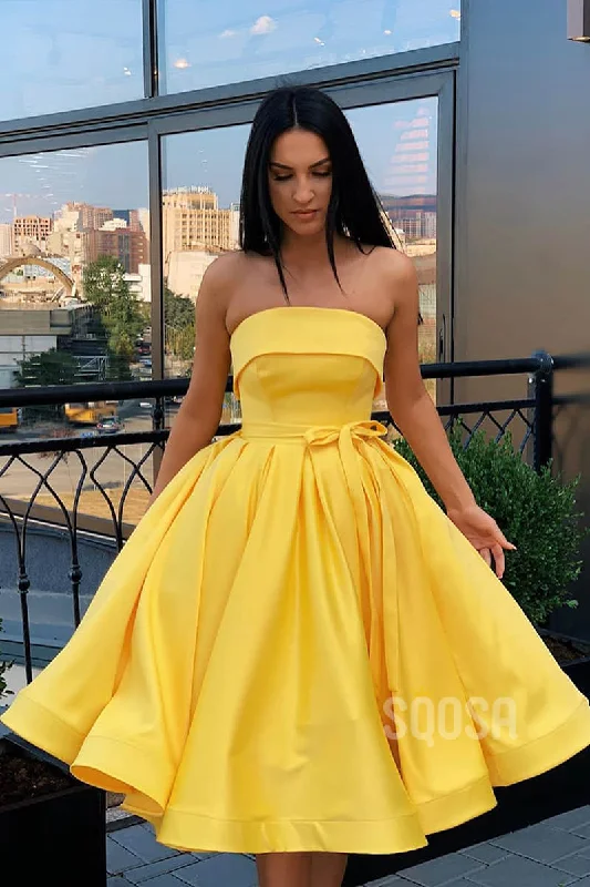 high neck formal evening gown-A-Line Strapless Satin Short Prom Dress Simple Homecoming Dress QP1259