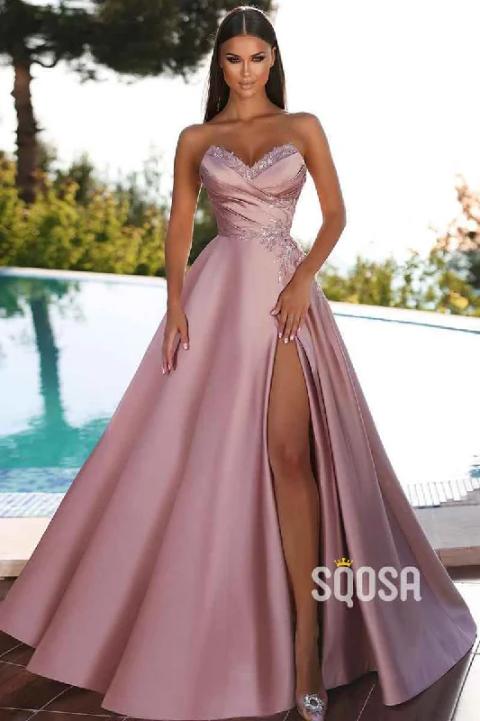 ruched evening gown-A Line V neck Satin Appliques Elegant Long Prom Party Dress with Slit QP1396