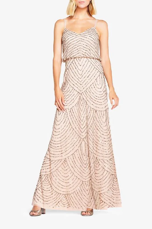 evening gown with crystal embellishments-Adrianna Papell Art Deco Beaded Blouson Gown - Taupe Pink