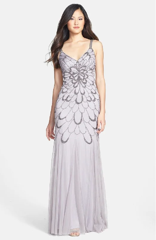 evening gown with high-low hem-Adrianna Papell Beaded Backless Mesh Art Deco Gown - Heather Grey