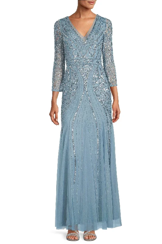 fit and flare evening dress-Adrianna Papell Beaded V-Neck 3/4 Sleeve A-Line Gown - Air sky