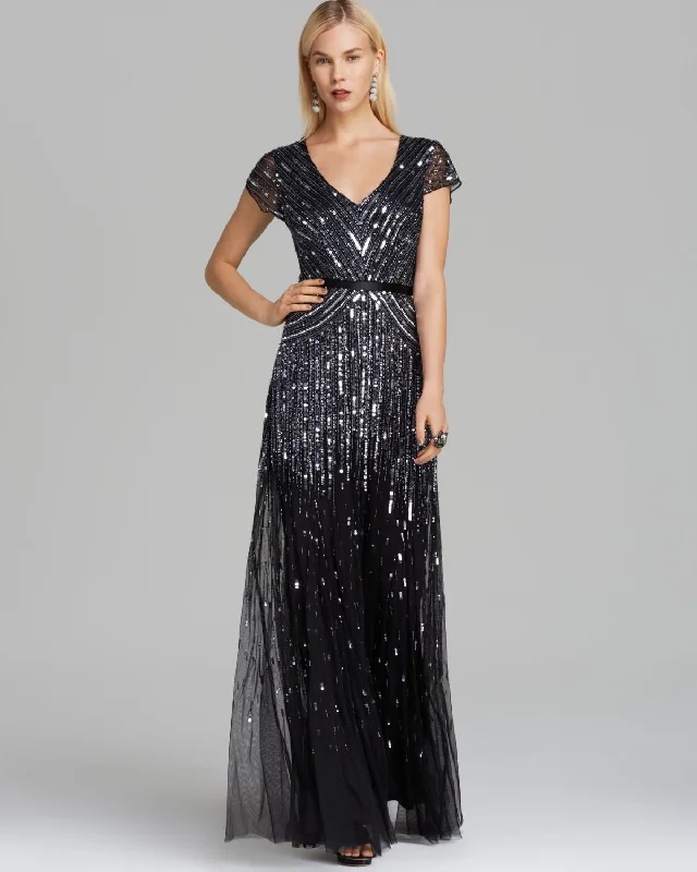 formal evening gown-Adrianna Papell Beaded V-neck Gown - Gunmetal