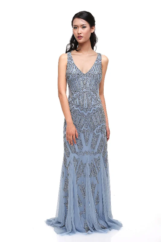 evening dress with sequins-Rent: Adrianna Papell Blue V-neck Beaded Gown