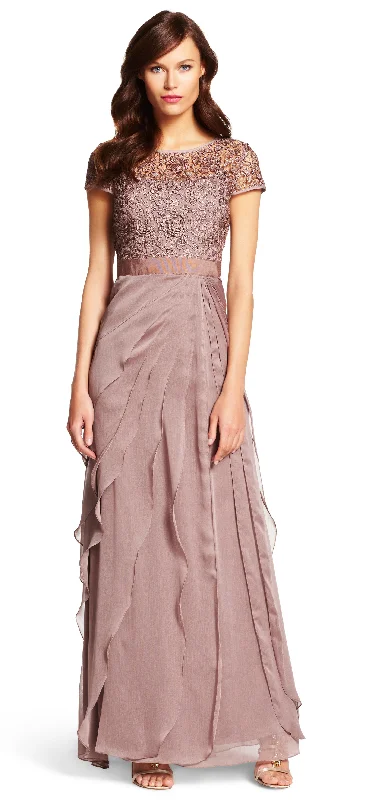 high slit evening dress-Adrianna Papell Flutter Chiffon Cap Sleeve Gown - Buff