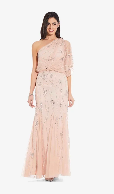 lace evening dress-Adrianna Papell One Shoulder Beaded Gown - Blush