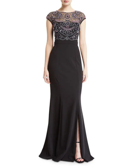 mermaid evening gown-Aidan Mattox Cap-Sleeve Pearly Beaded-Bodice Gown - Black