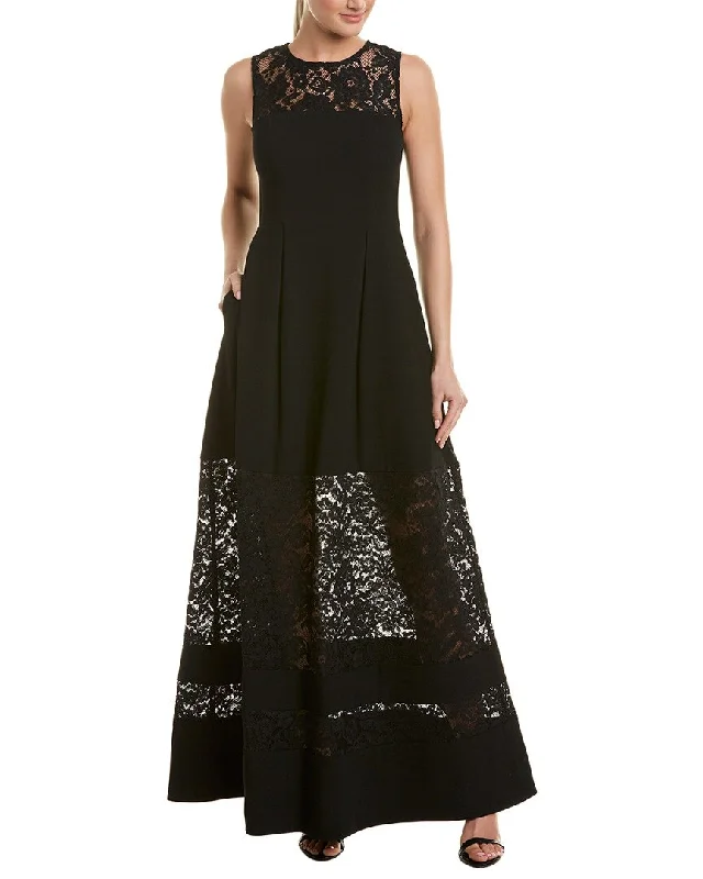 royal blue evening gown-Aidan Mattox Lace Inset Crepe Gown -  Black