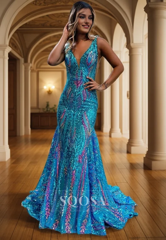 elegant evening wear-Attractive V-neck Sequins Appliques Mermaid Prom Dress QP0946