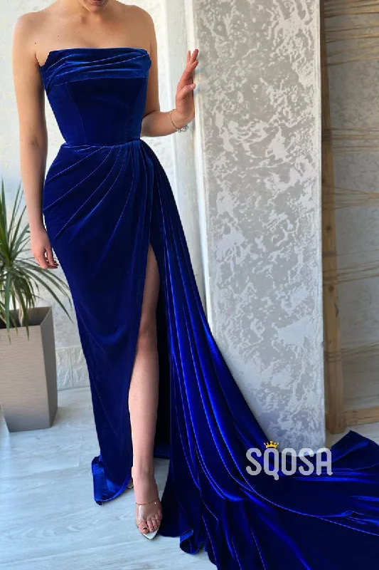 illusion back evening gown-Royal Blue Strapless Velvet Pleats Long Train Split Sexy Prom Dress Party Gown QP0828