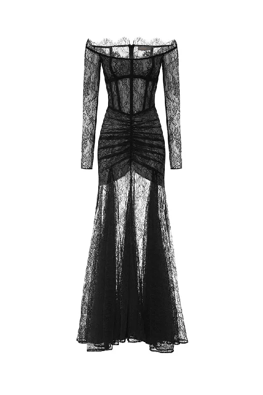 fishtail evening dress-Corset lace gown with a draped skirt