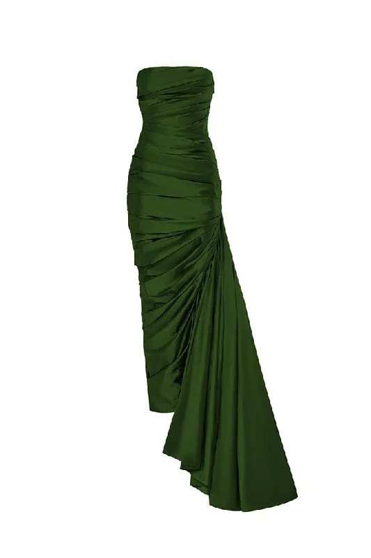 floor-length evening gown-Draped corset silk gown with a side train