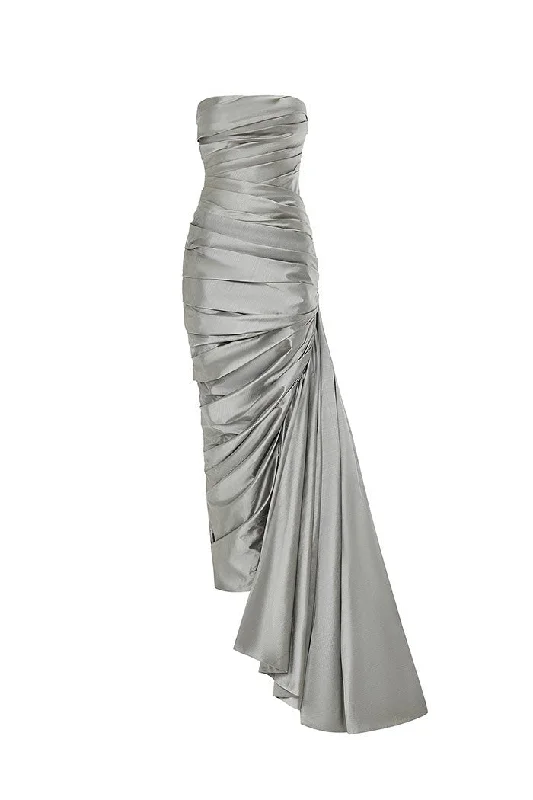 evening gown with beads-Draped corset silk gown with a side train