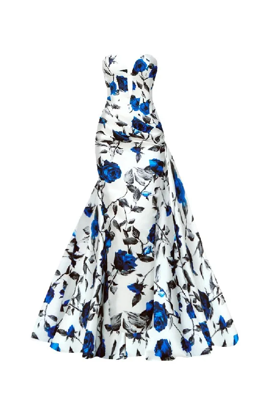 floral print evening gown-Draped printed satin gown with a side train