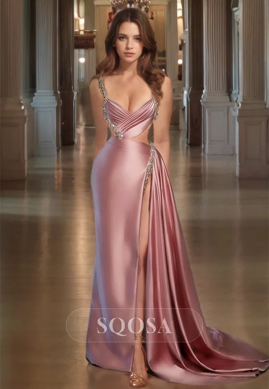 strapless evening dress-V-Neck Sleeveless Spaghetti Straps with Beaded Sweep Train Slit Mermaid Prom Dress